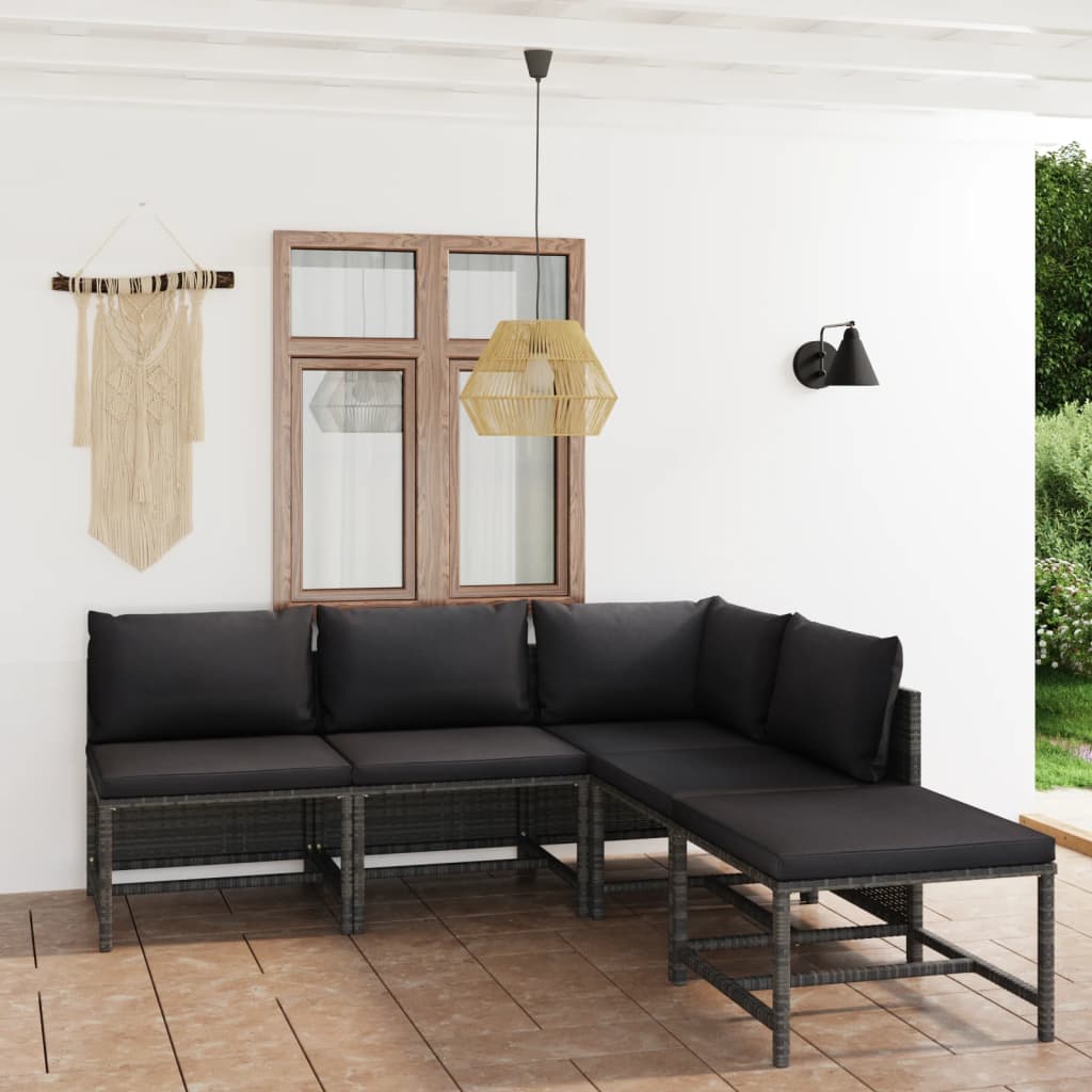 vidaXL 5-tlg. Garten-Lounge-Set mit Kissen Poly Rattan Grau