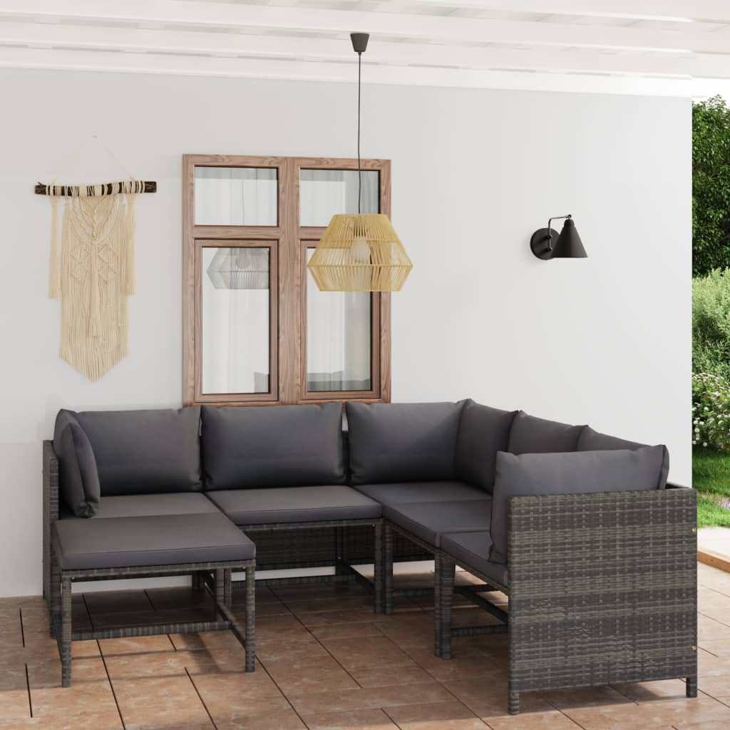 vida XL 6-tlg. Garten-Lounge-Set mit Kissen Poly Rattan Grau