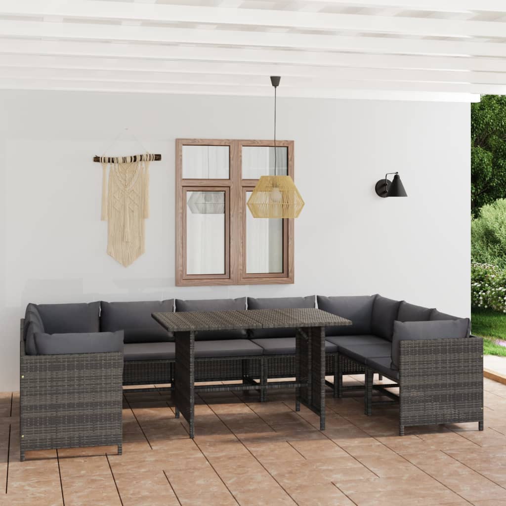 vidaXL 10-tlg. Garten-Lounge-Set mit Kissen Poly Rattan Grau