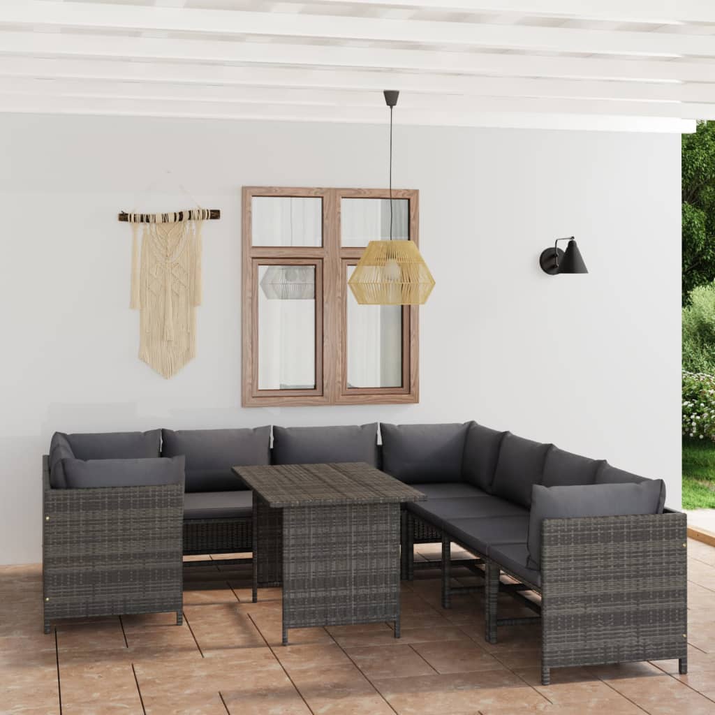 vidaXL 9-tlg. Garten-Lounge-Set mit Kissen Poly Rattan Grau