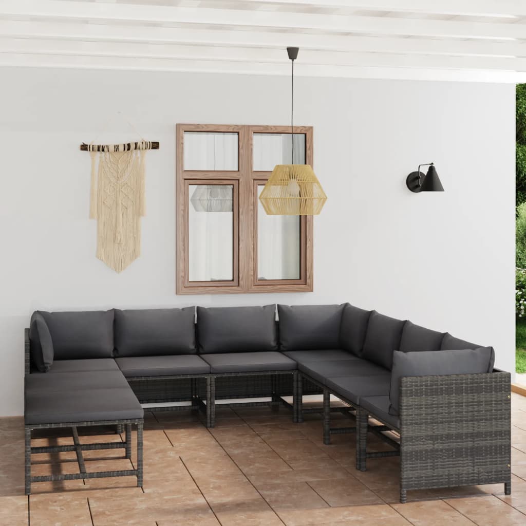 vidaXL 9-tlg. Garten-Lounge-Set mit Kissen Poly Rattan Grau