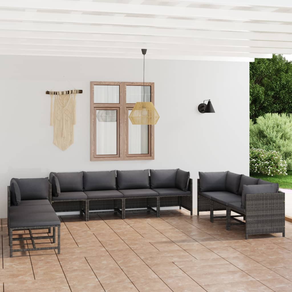 vidaXL 10-tlg. Garten-Lounge-Set mit Kissen Poly Rattan Grau