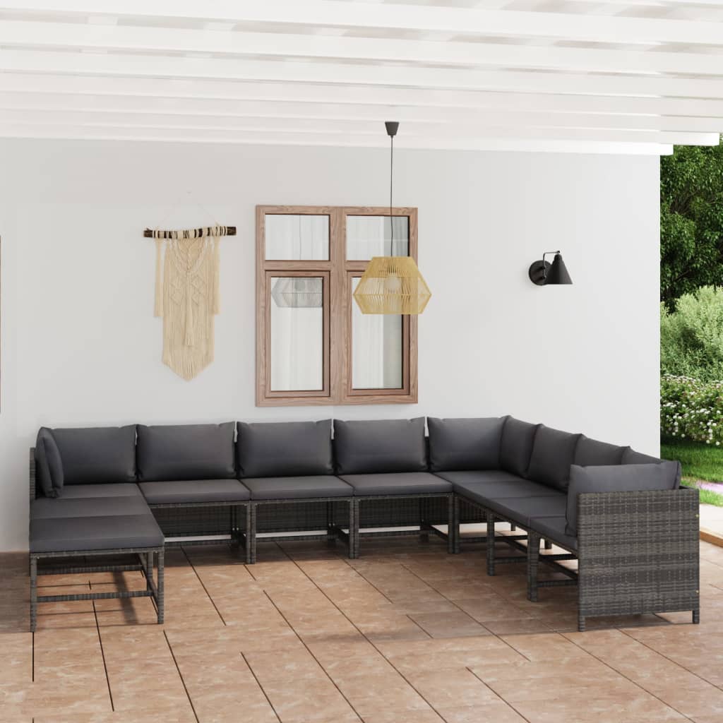 vidaXL 11-tlg. Garten-Lounge-Set mit Kissen Poly Rattan Grau