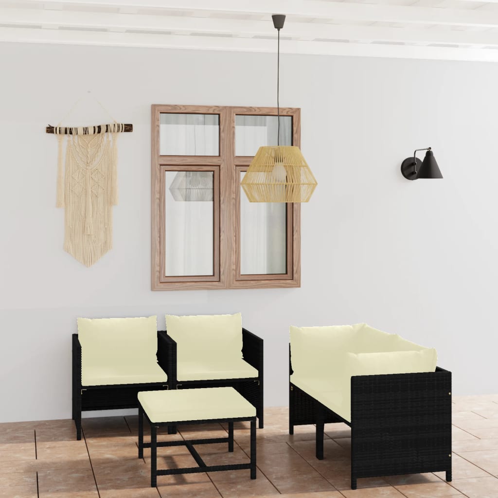 vida XL 5-tlg. Garten-Lounge-Set mit Kissen Poly Rattan Schwarz