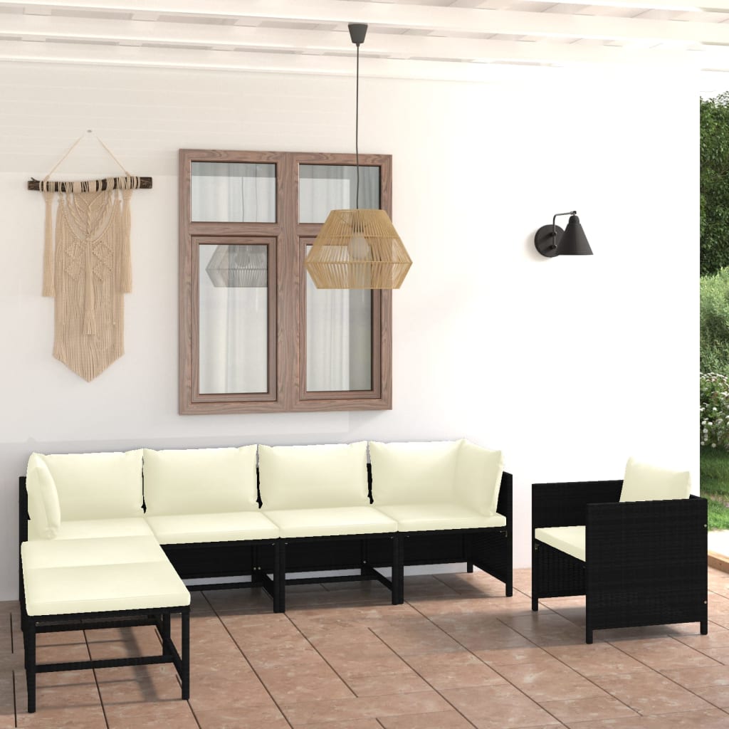 Set mobilier de grădină cu perne, 7 piese, negru, poliratan