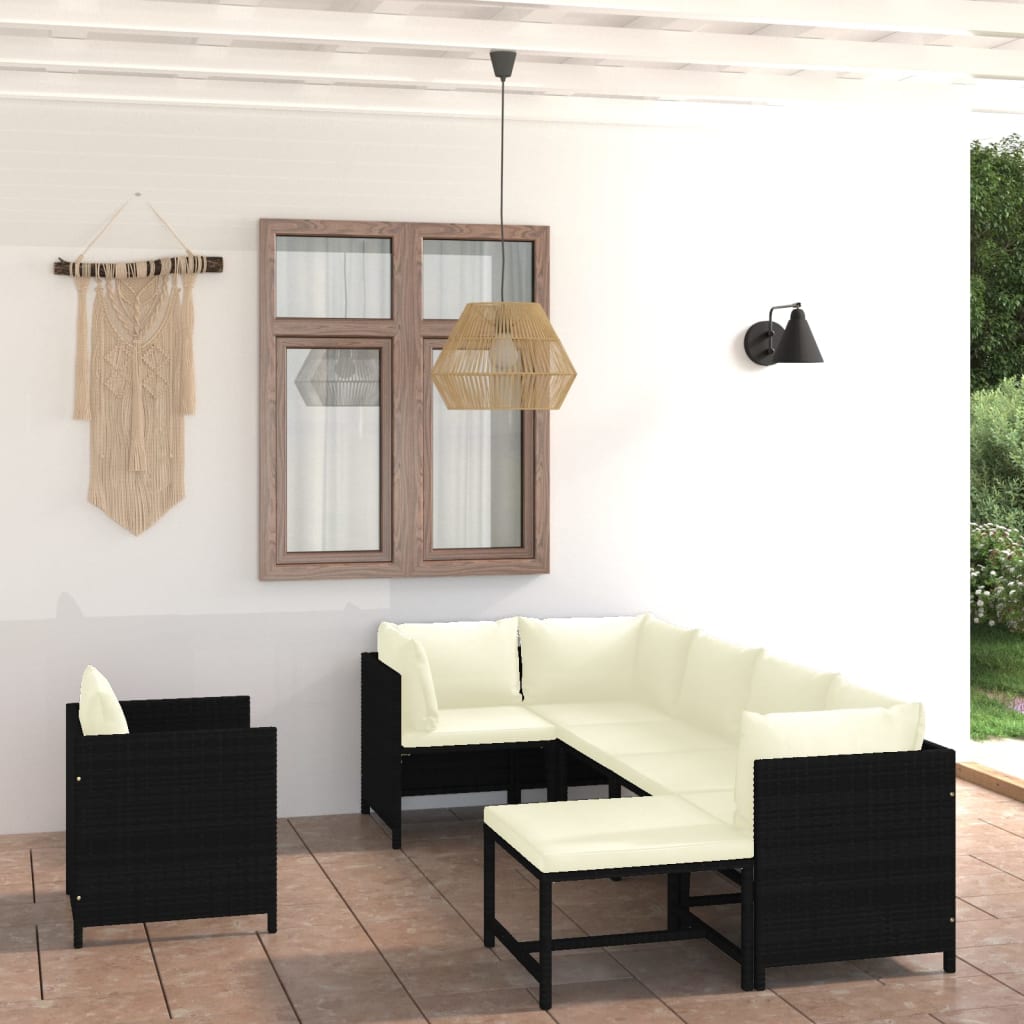 vidaXL 7-tlg. Garten-Lounge-Set mit Kissen Poly Rattan Schwarz