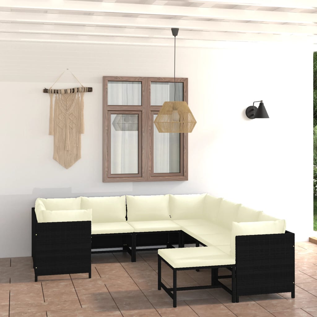 vida XL 9-tlg. Garten-Lounge-Set mit Kissen Poly Rattan Schwarz