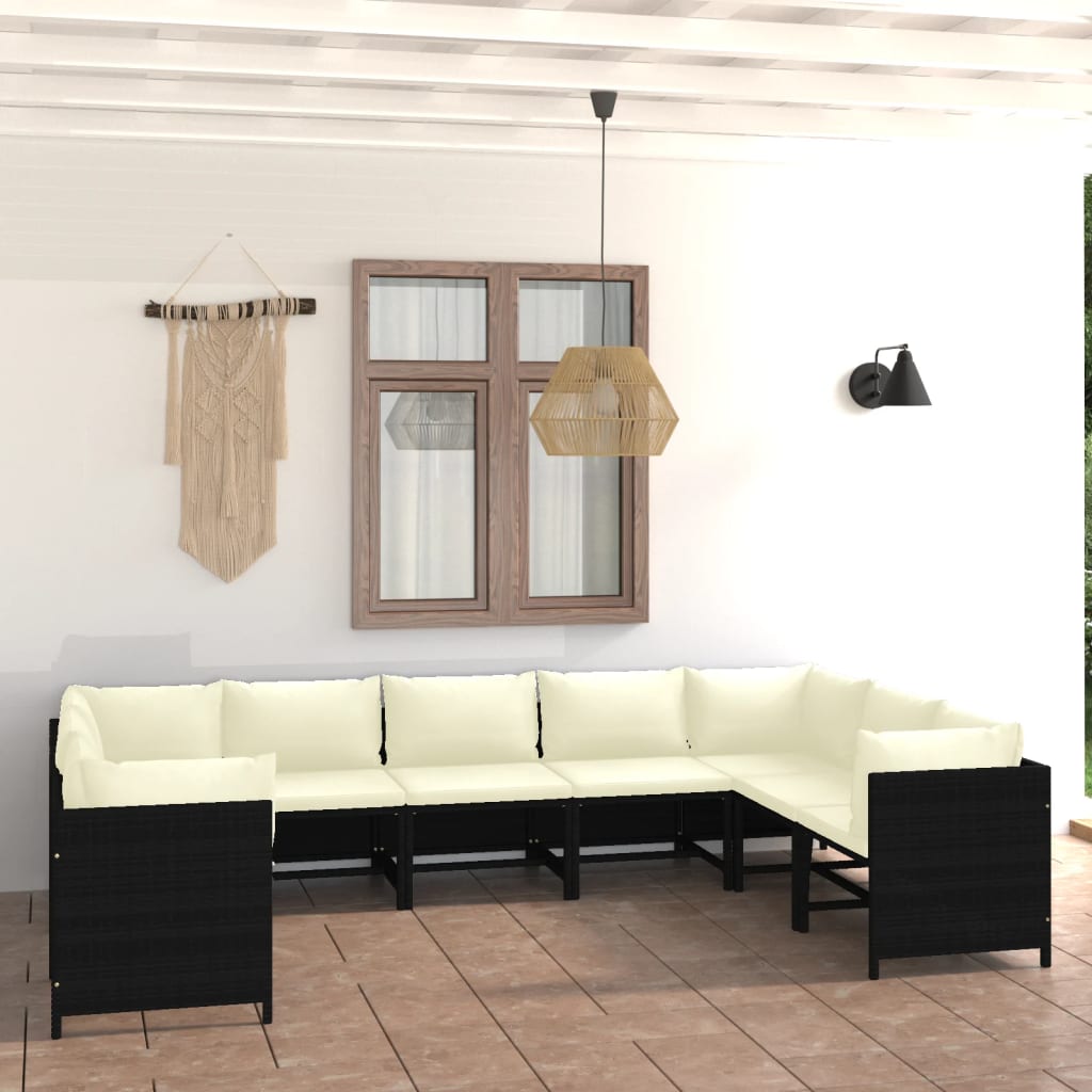 9-tlg. Garten-Lounge-Set mit Kissen Poly Rattan Schwarz