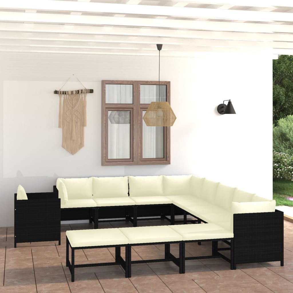 vidaXL 12-tlg. Garten-Lounge-Set mit Kissen Poly Rattan Schwarz