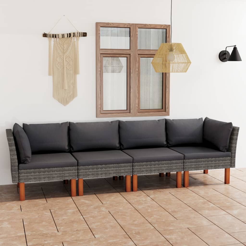 vidaXL 4-Sitzer-Gartensofa mit Kissen Grau Poly Rattan