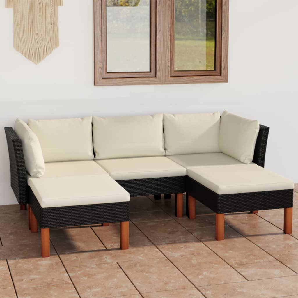 vidaXL 5-tlg. Garten-Lounge-Set mit Kissen Poly Rattan Schwarz