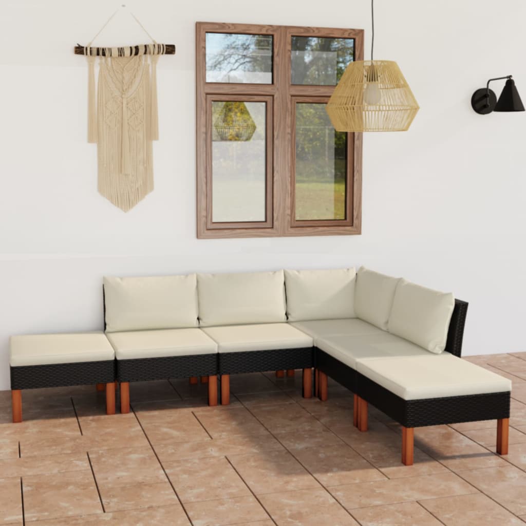 Set mobilier de grădină cu perne, 6 piese, negru, poliratan