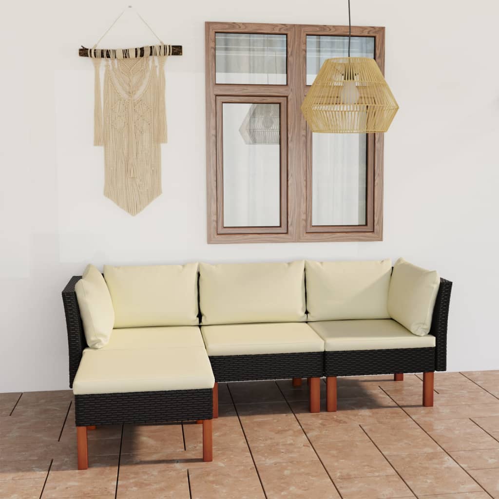 Set mobilier de grădină cu perne, 4 piese, negru, poliratan