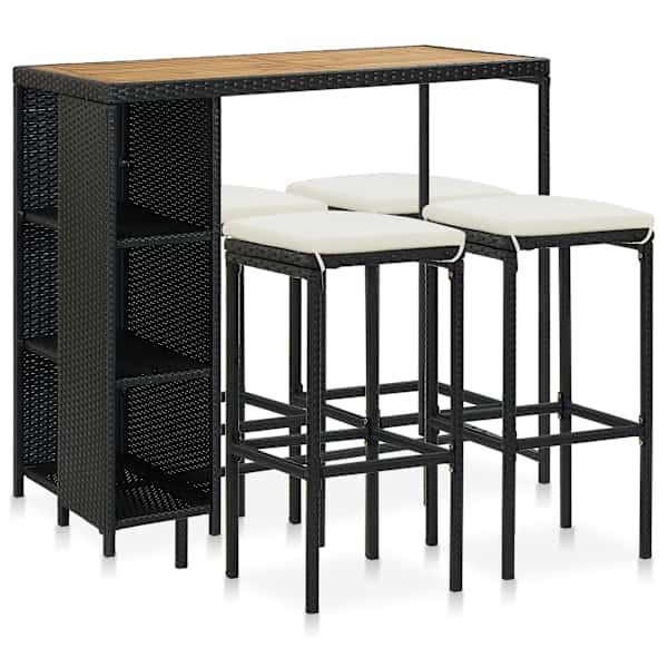 vidaXL 5-osaline aiabaari komplekt patjadega, pol&uuml;rotang, must