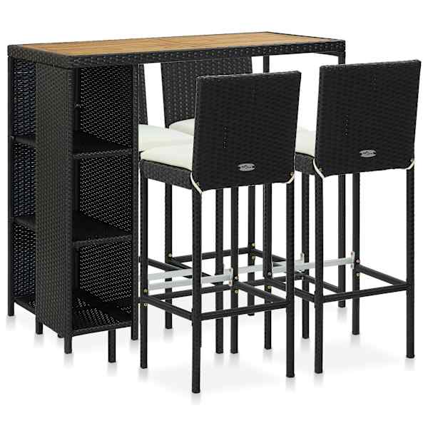 vidaXL 5-osaline aiabaari komplekt patjadega, pol&uuml;rotang, must