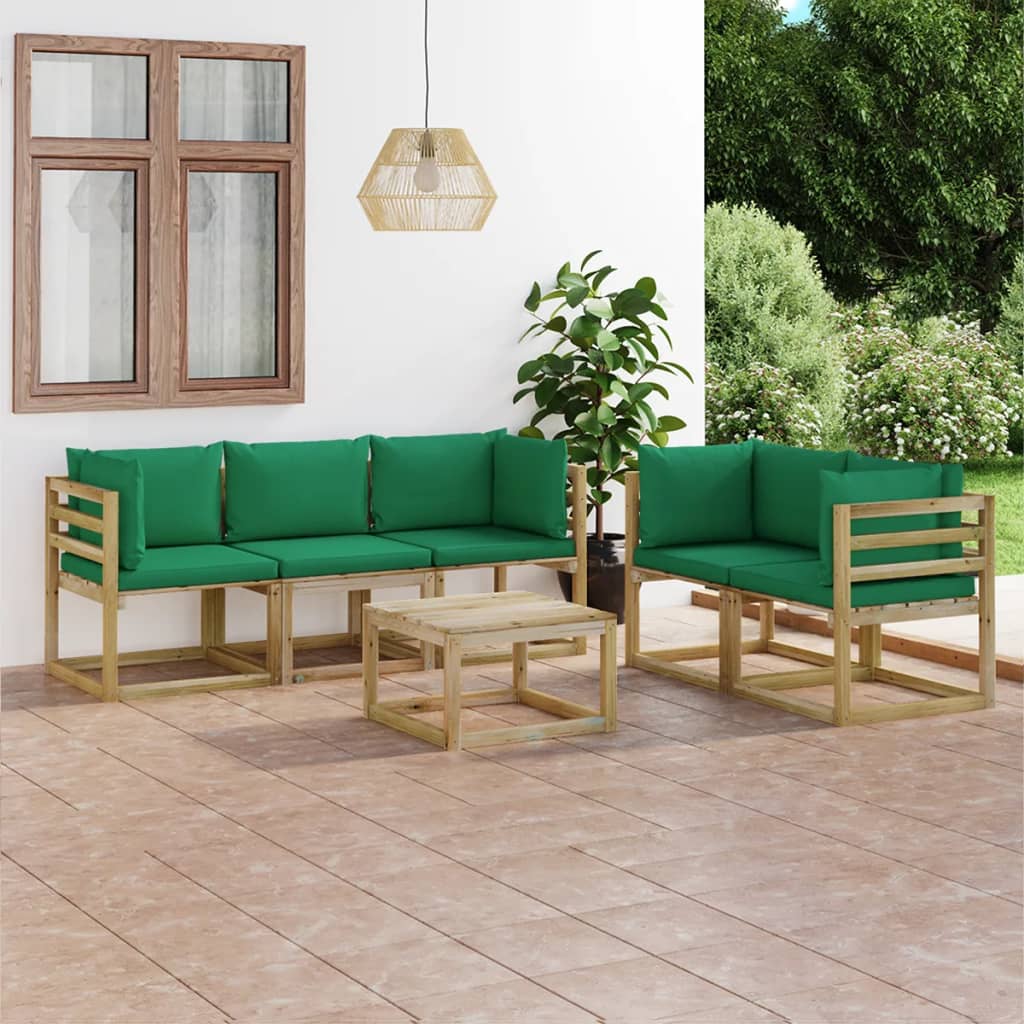 vidaXL 6-tlg. Garten-Lounge-Set mit Grünen Kissen