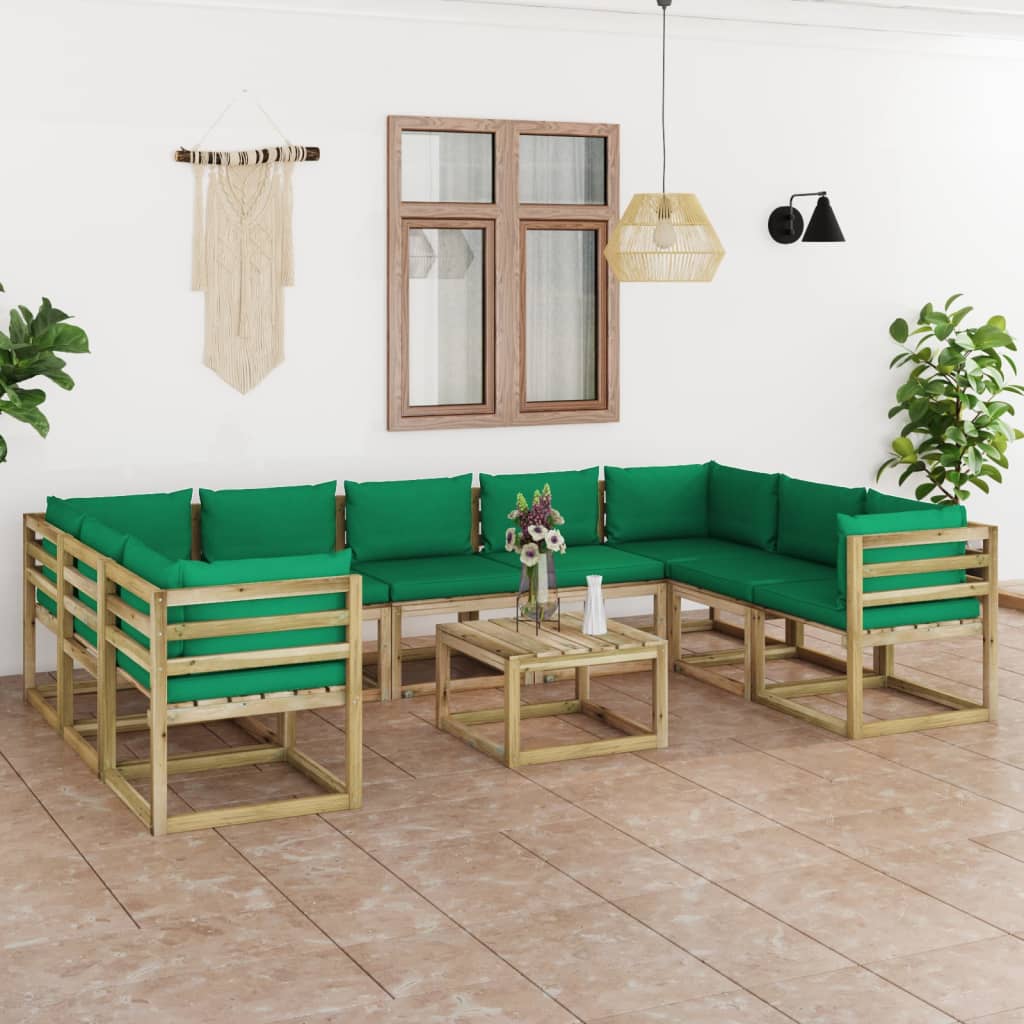 Zestaw wypoczynkowy ogrodowy z paletami - 4x sofa narożna, 5x sofa środkowa, 1x stół, poduszki