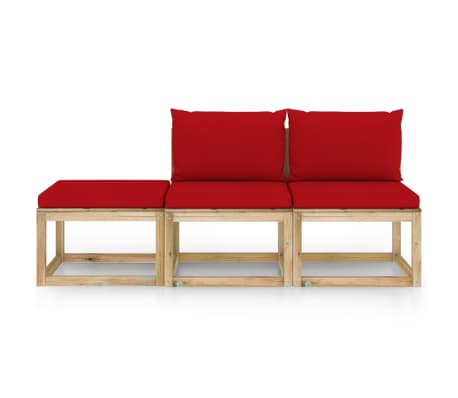 vidaXL Juego de muebles de jardín 3 piezas con cojines rojos