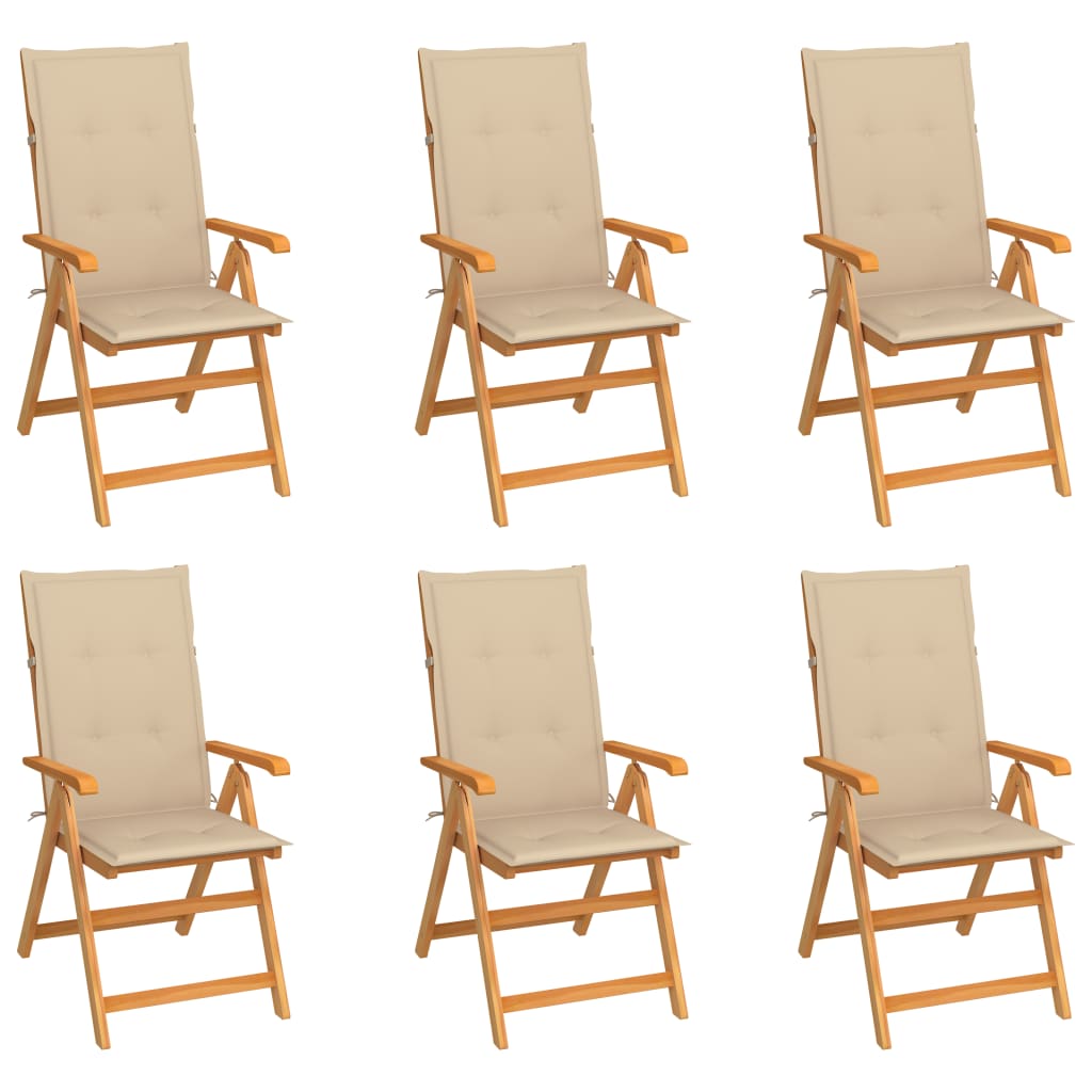 vidaXL Hopfällbara stolar 6 st med beige dynor i massivt teakträ