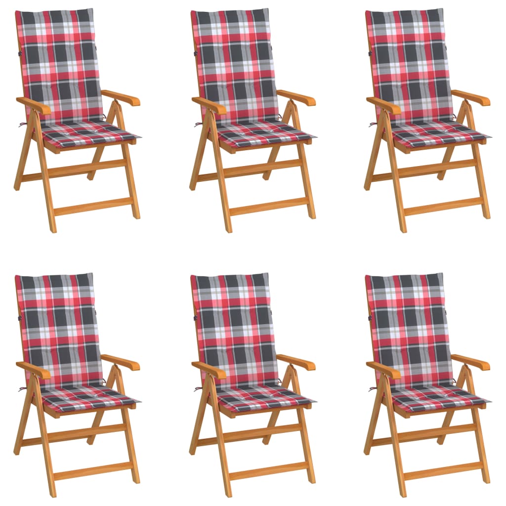 Vrtne stolice s crvenim kariranim jastucima 6 kom od tikovine