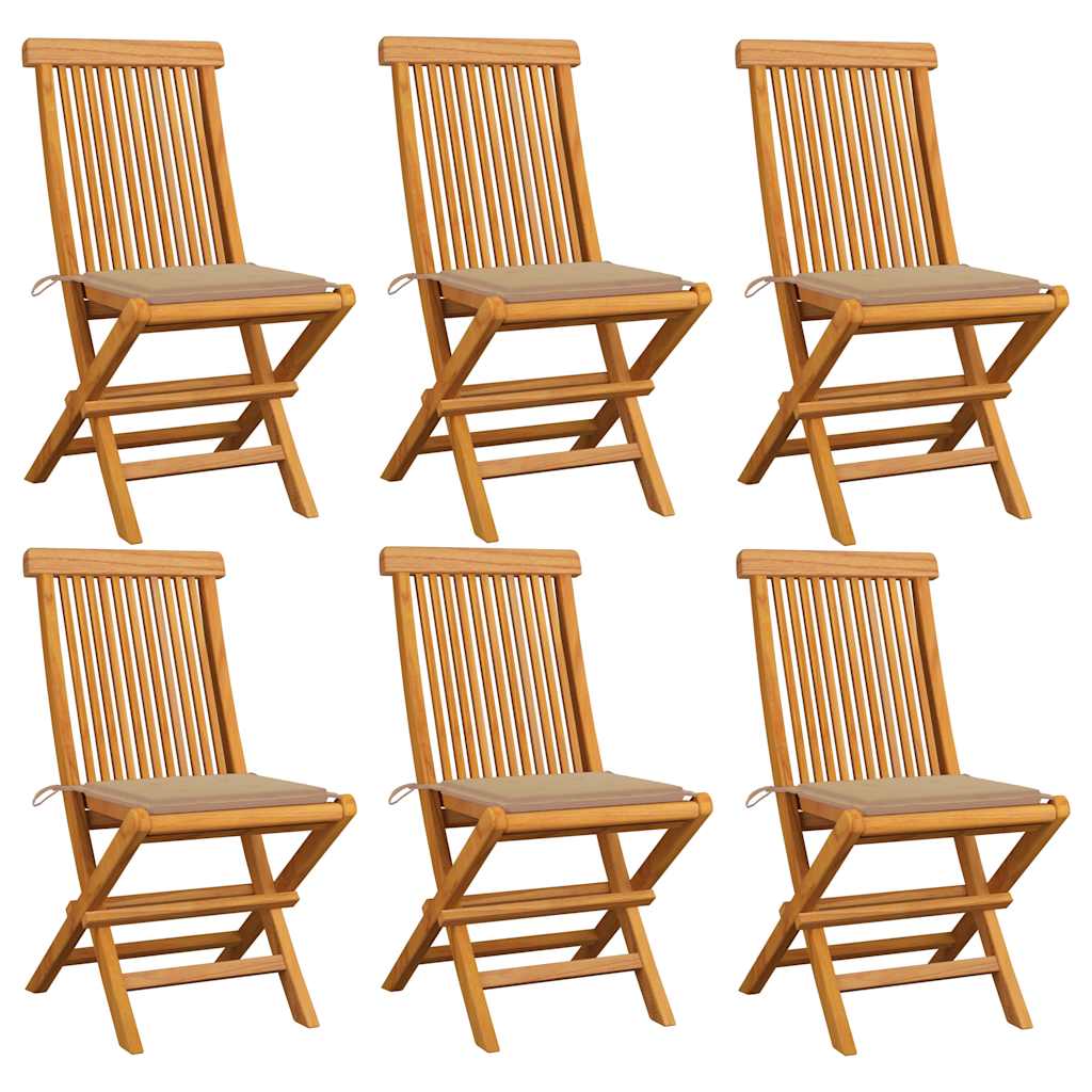 vidaXL Hopf&auml;llbara stolar med beige dynor 6 st massivt teaktr&auml;