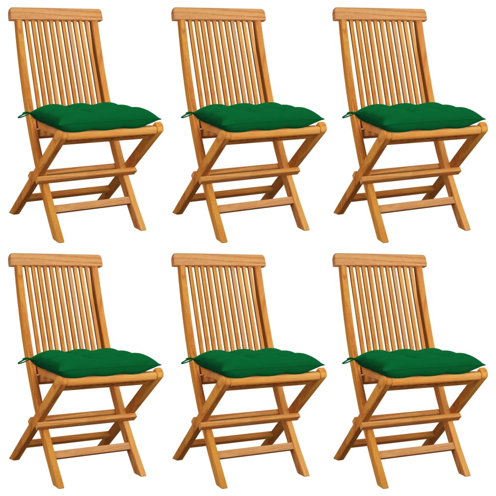 Zahradní židle se zelenými poduškami 6 ks masivní teak