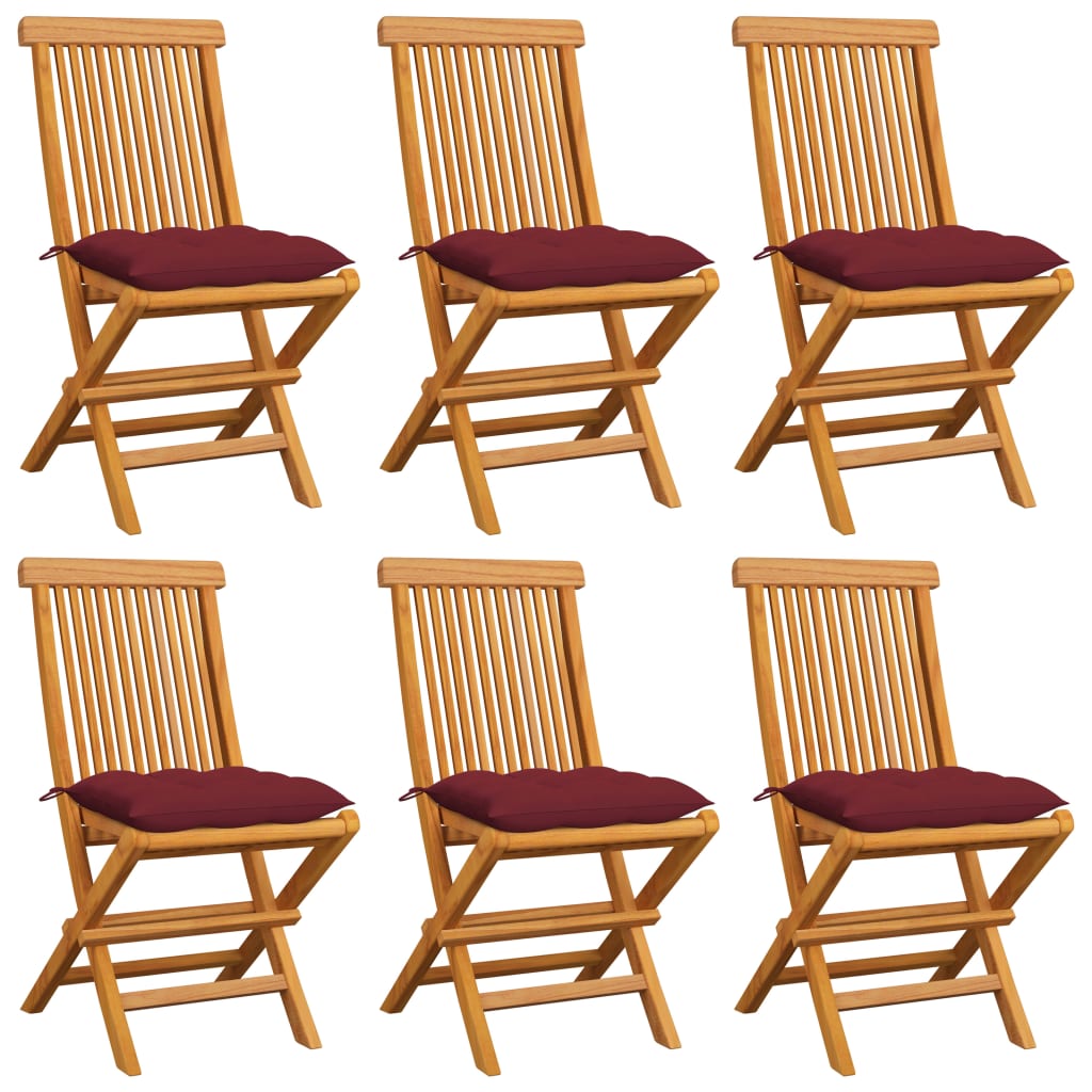 Chaises de jardin avec coussins rouge bordeaux 6pcs Teck massif