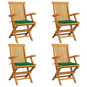 Vrtni stoli z zelenimi blazinami 4 kosi trdna tikovina