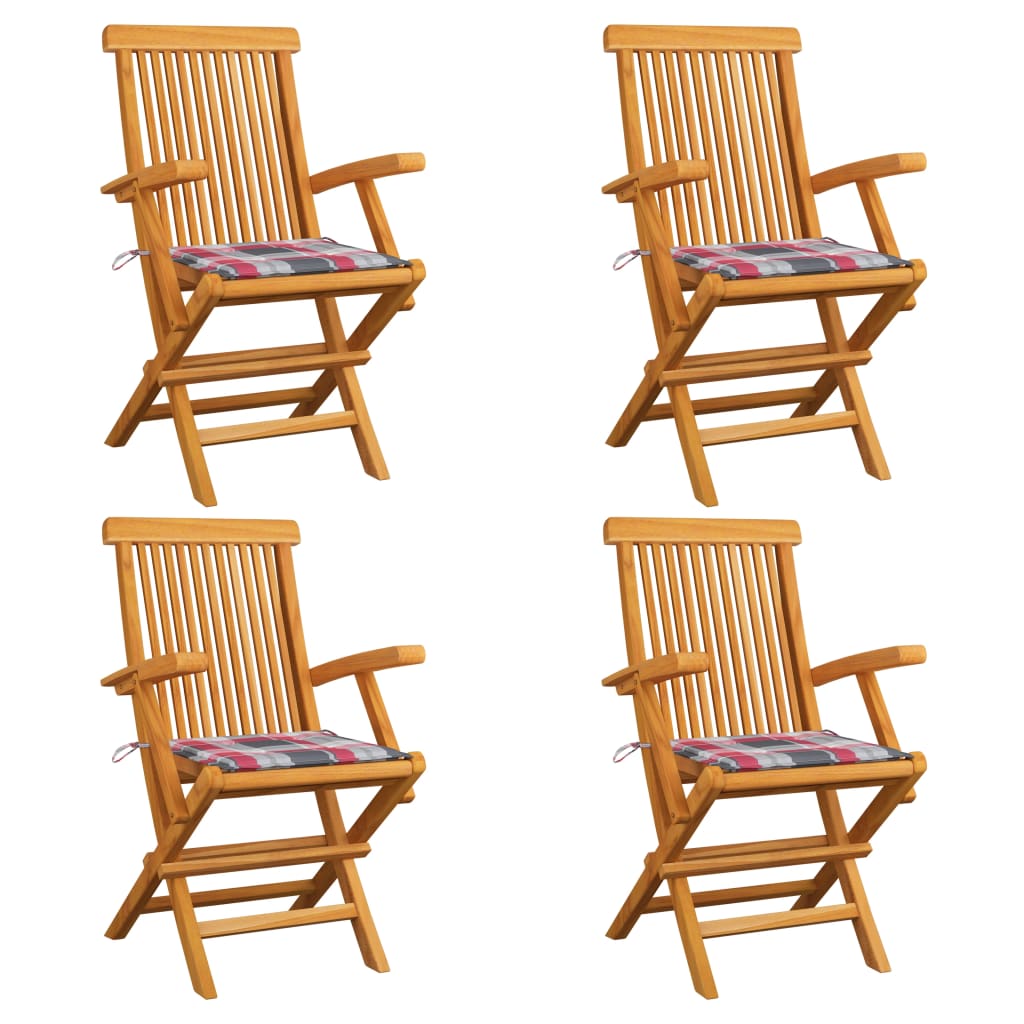 Gartenstühle mit Kissen 4 Stk. Rot Karomuster Massivholz Teak kaufen
