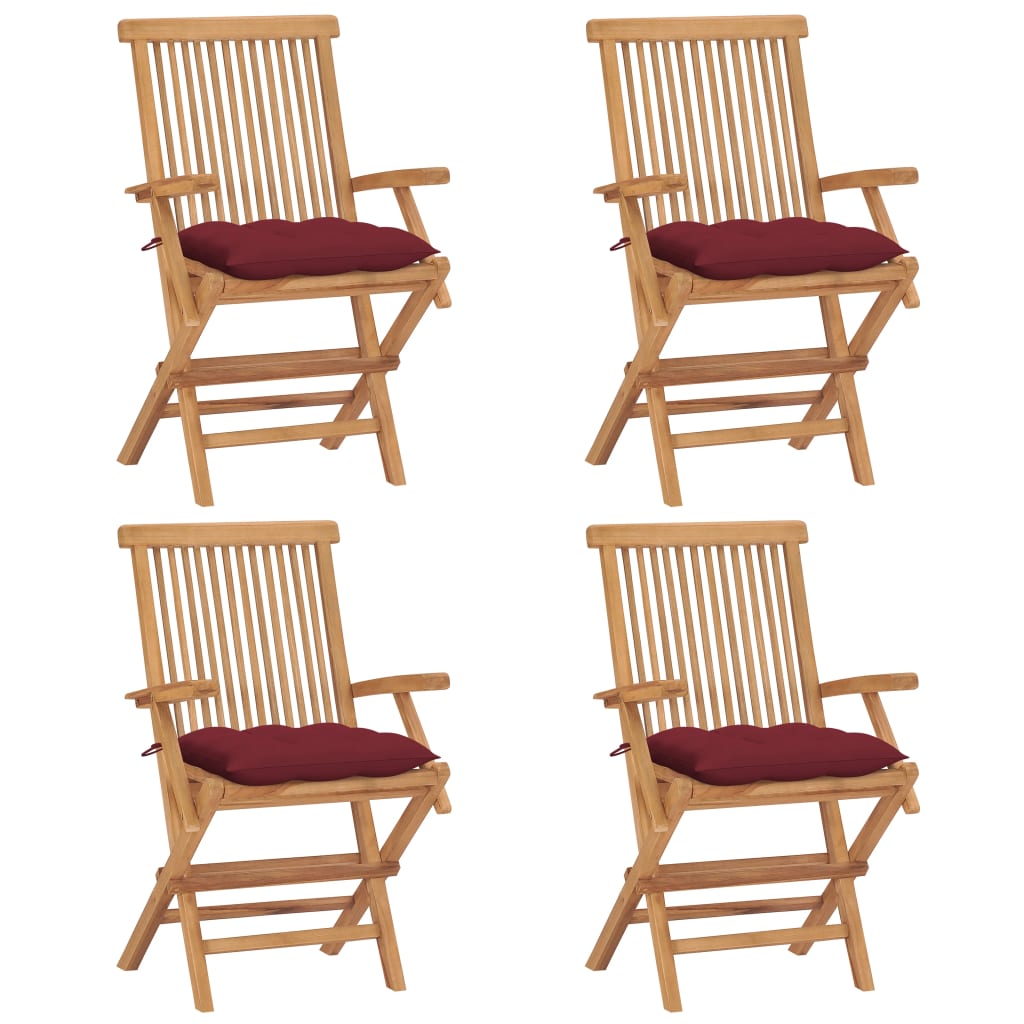 vidaXL Chaises de jardin avec coussins rouge bordeaux 4pcs Teck massif