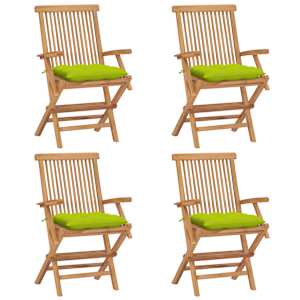 Vrtni stoli s svetlo zelenimi blazinami 4 kosi trdna tikovina