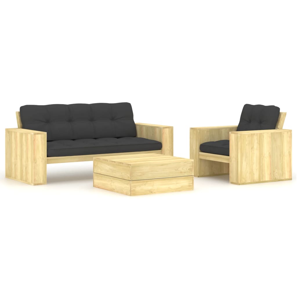 vidaXL Set mobilier de grădină cu perne, 3 piese, lemn de pin tratat
