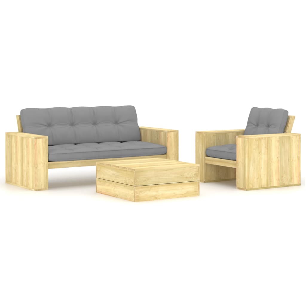 vidaXL Set mobilier de grădină cu perne, 3 piese, lemn de pin tratat