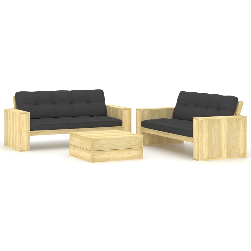 vidaXL Set mobilier de grădină cu perne, 3 piese, lemn de pin tratat