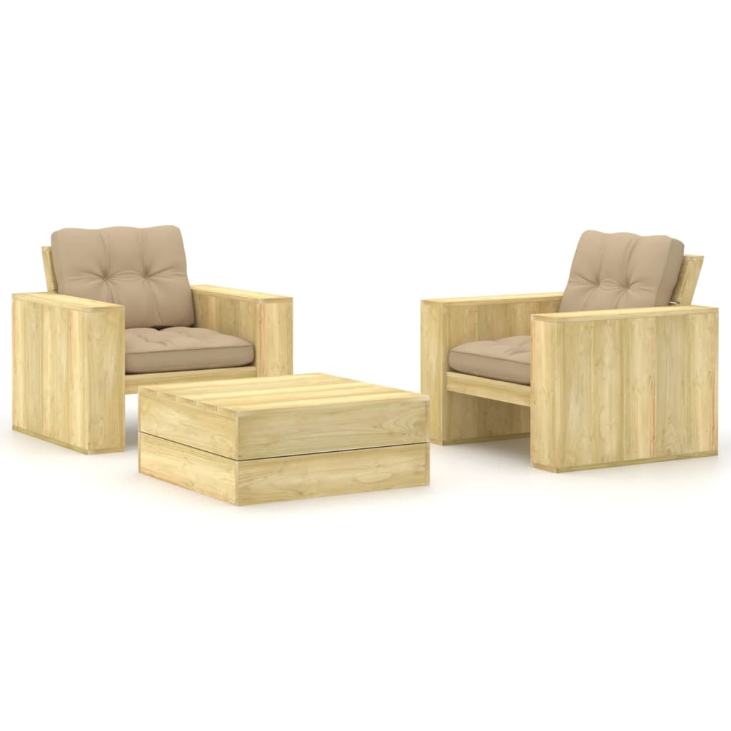 vidaXL Set mobilier de grădină cu perne, 3 piese, lemn de pin tratat