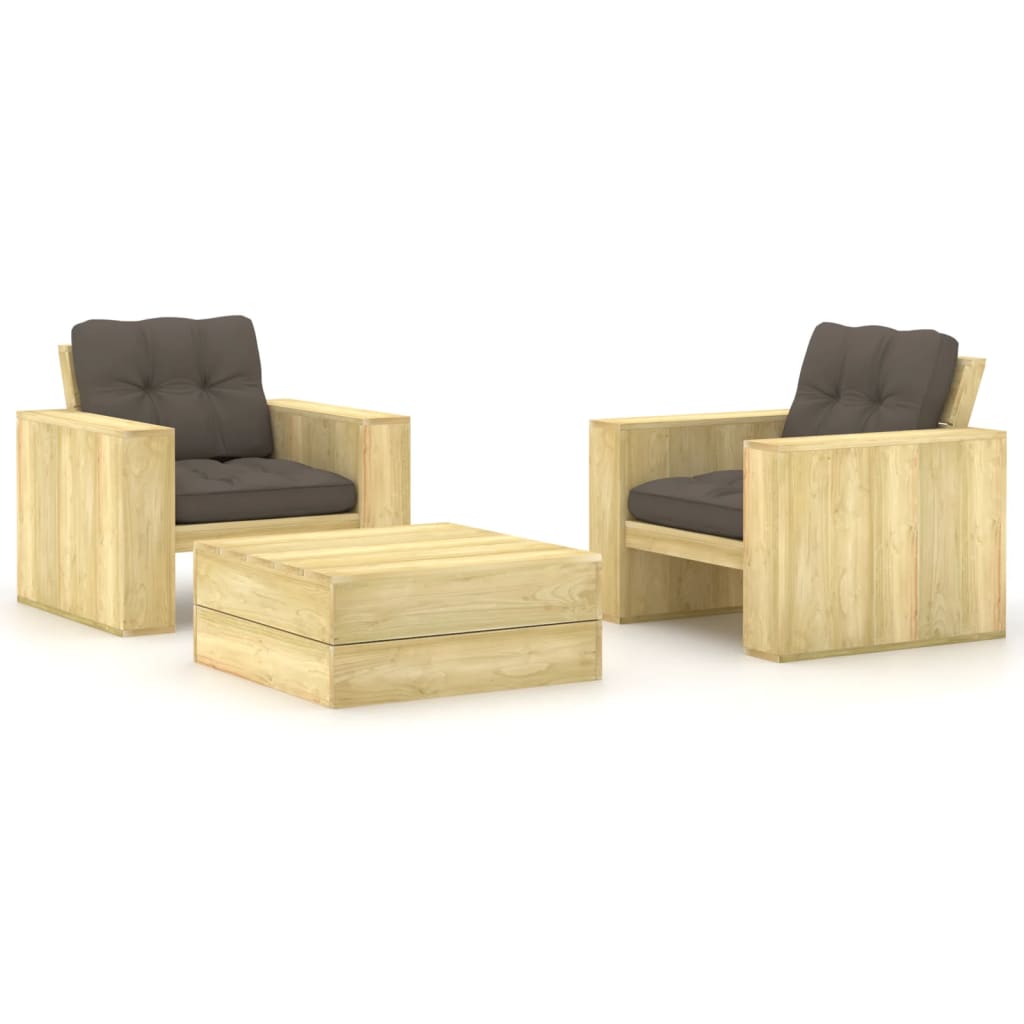 vidaXL Set mobilier de grădină cu perne, 3 piese, lemn de pin tratat