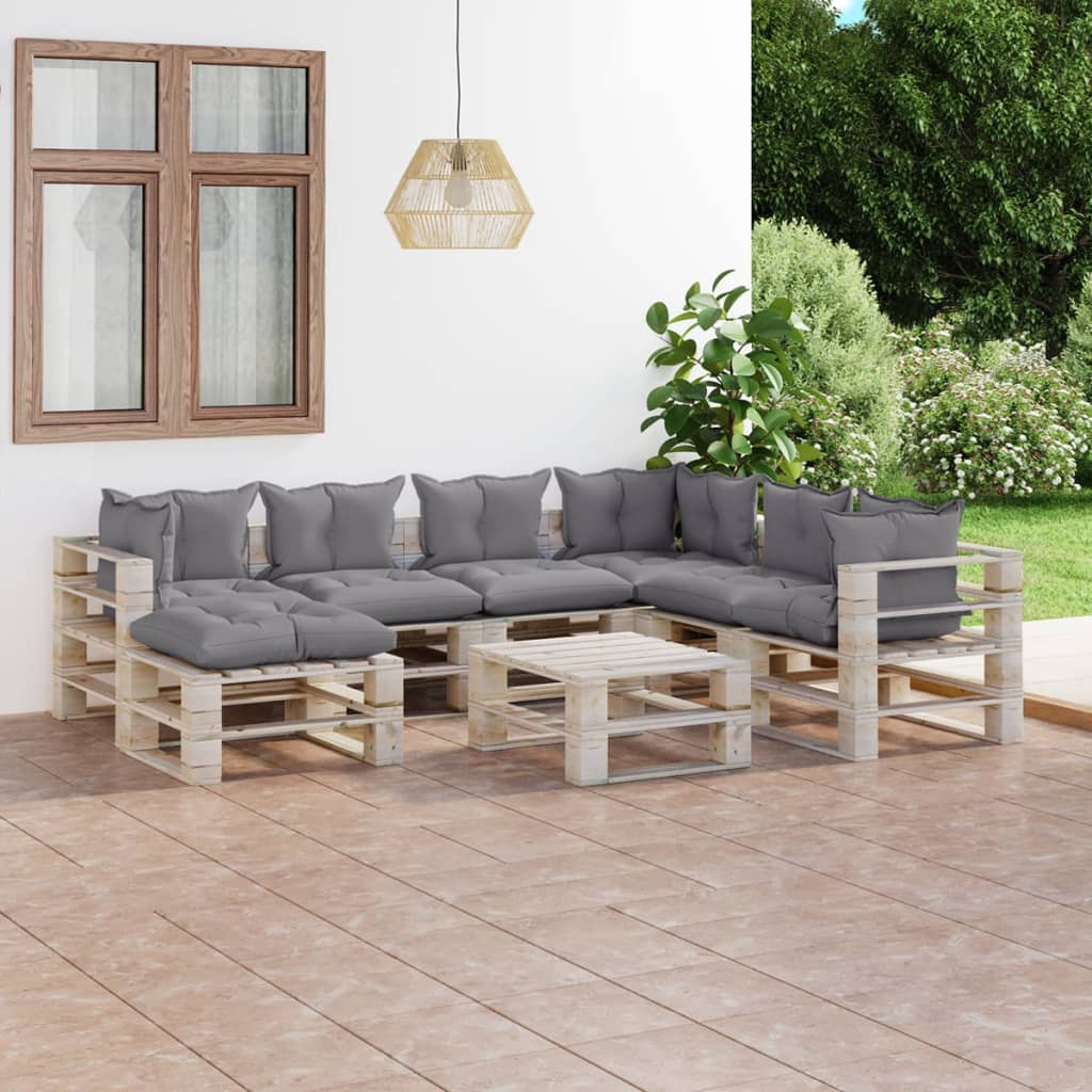 Salon de jardin palette 8 pcs avec coussins bois de pin