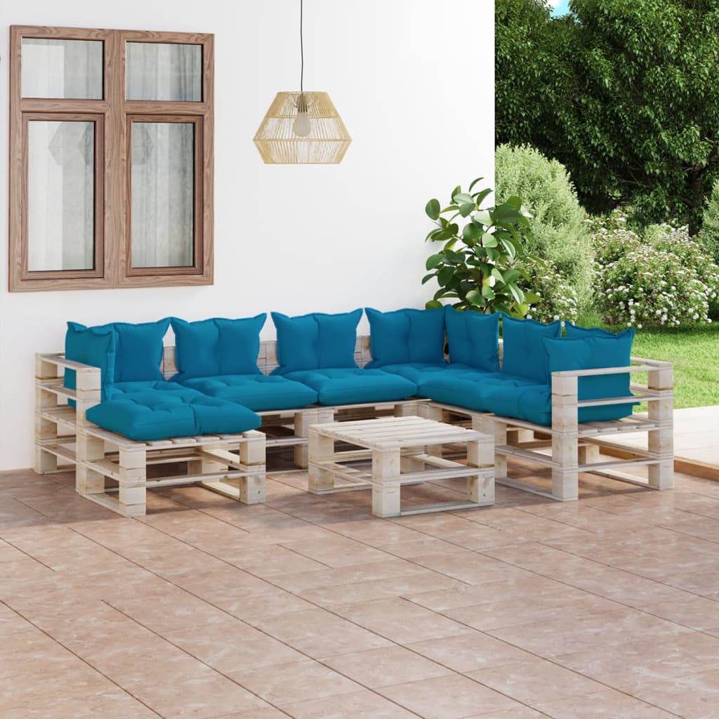 Salon de jardin palette 8 pcs avec coussins bois de pin