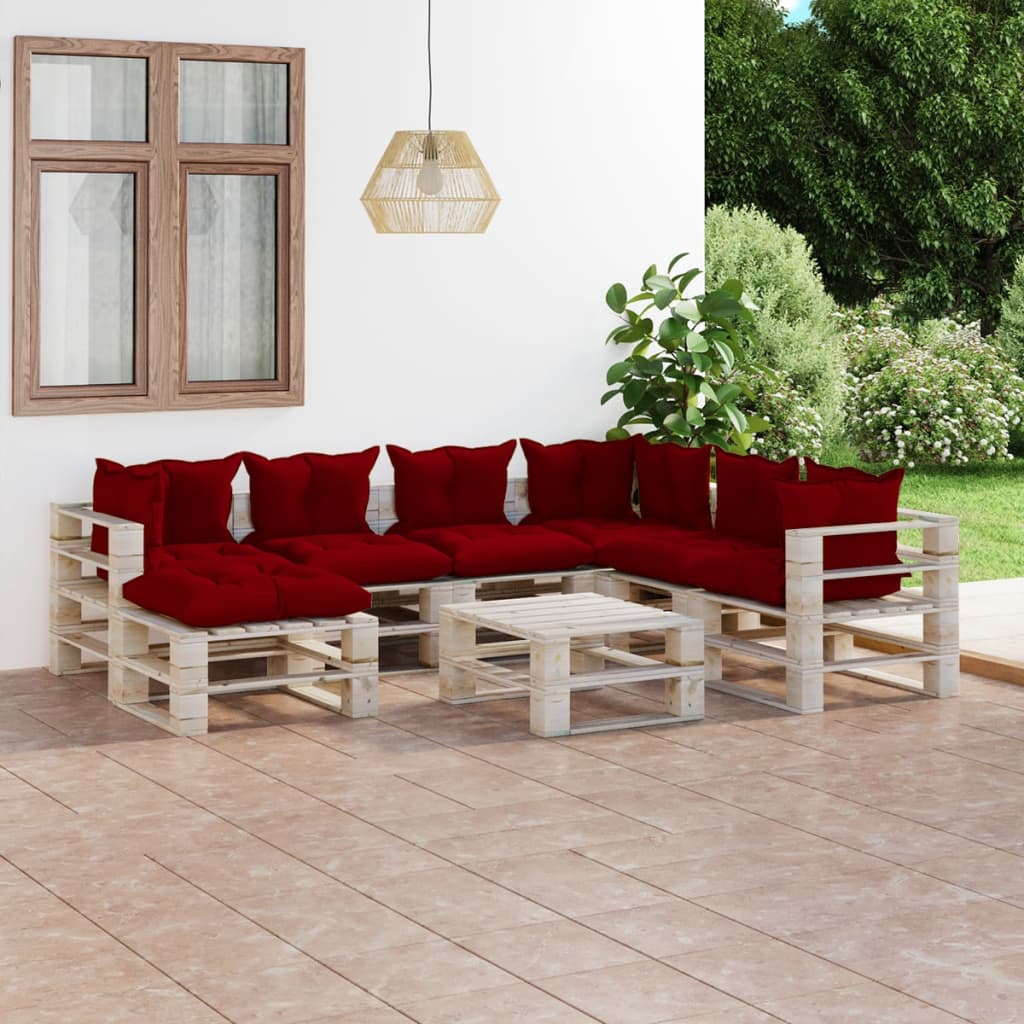 Salon de jardin palette 8 pcs avec coussins bois de pin