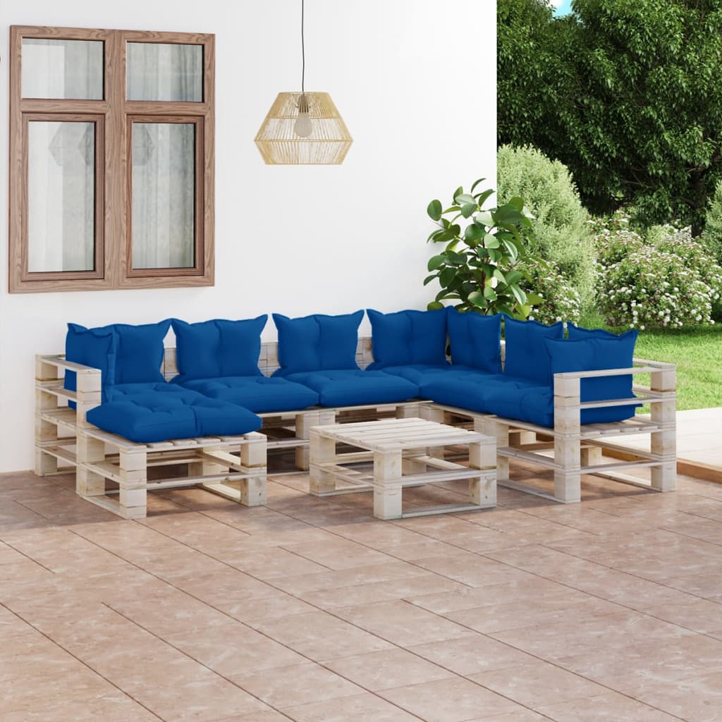 Salon de jardin palette 8 pcs avec coussins bois de pin
