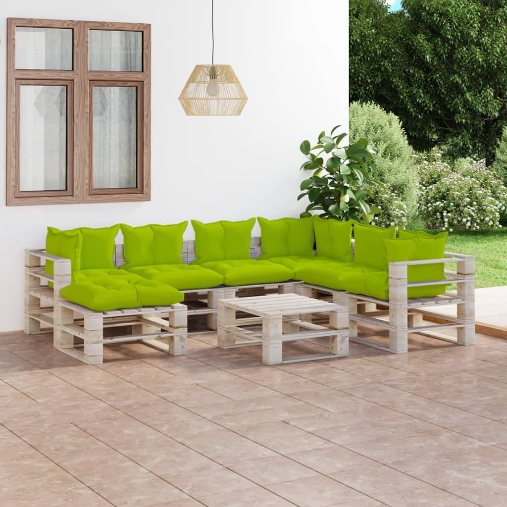 Salon de jardin palette 8 pcs avec coussins bois de pin