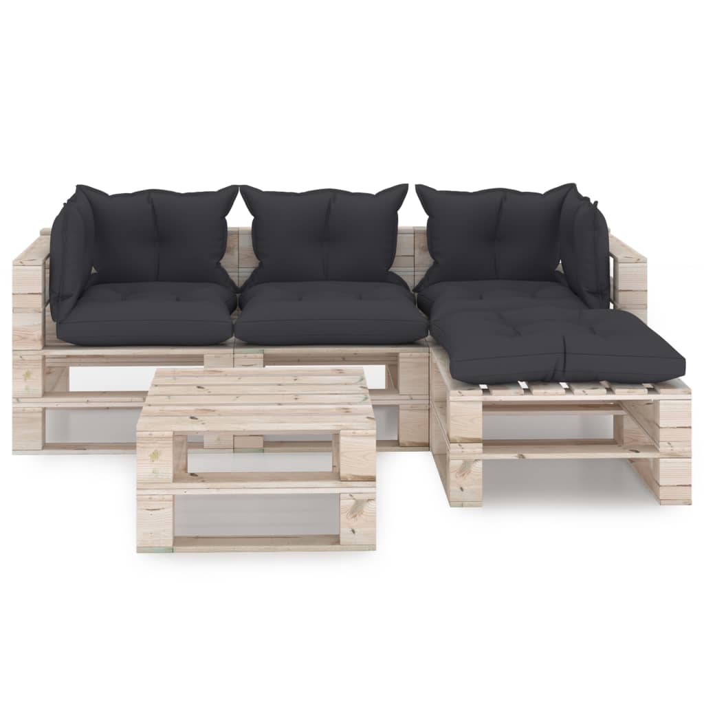 Set Divani da Giardino su Pallet 5pz Cuscini Antracite in Legno