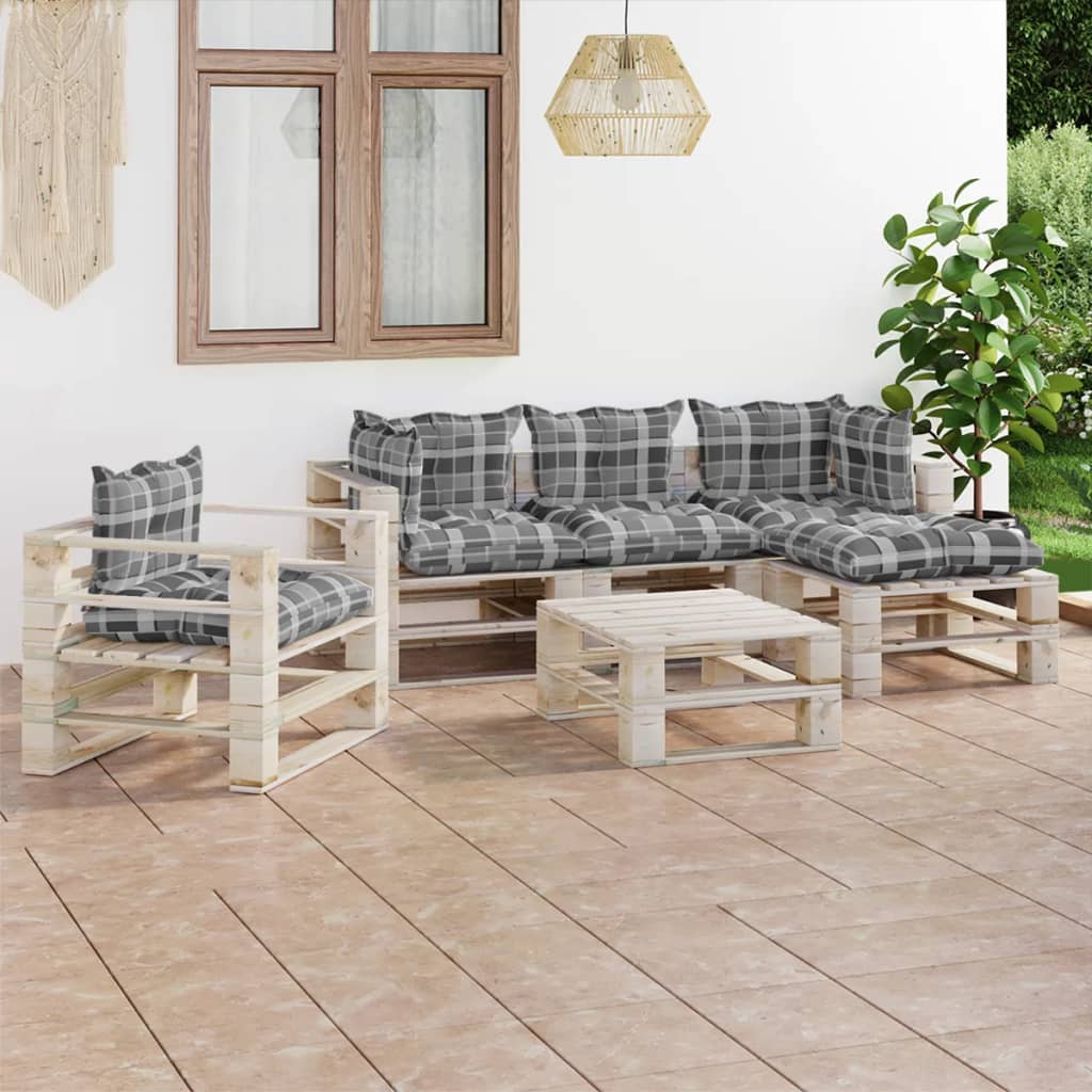 Salon de jardin palette 6 pcs avec coussins bois de pin
