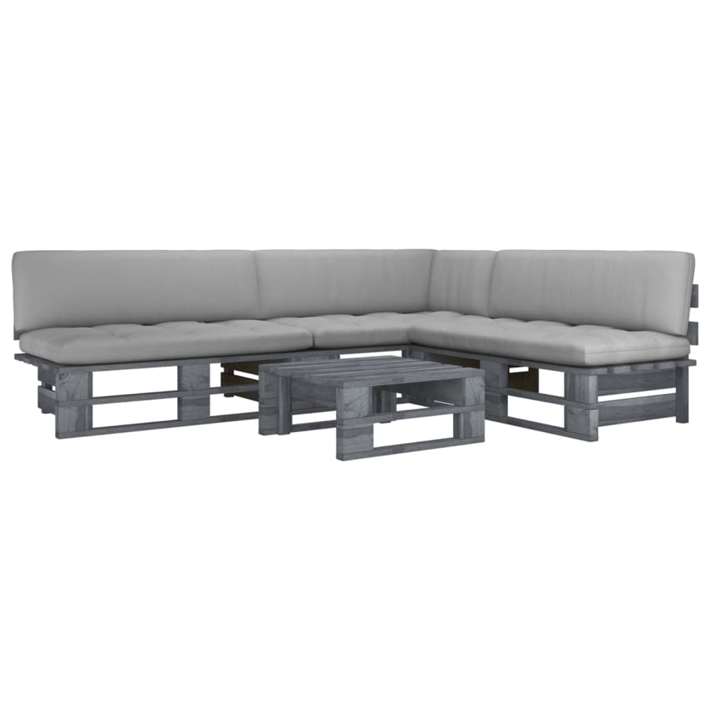 vidaXL Set mobilier din paleți cu perne, 4 piese, gri, lemn pin tratat