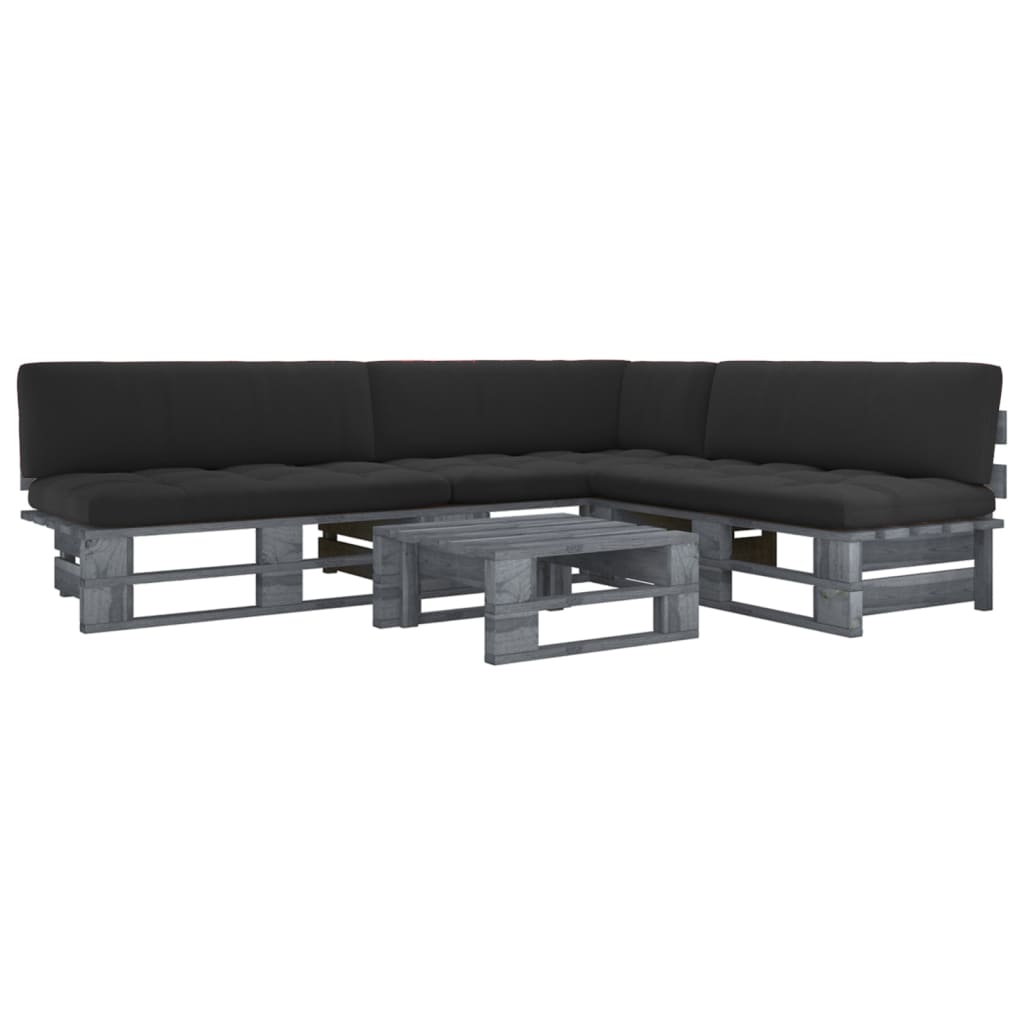 vidaXL Set mobilier din paleți cu perne, 4 piese, gri, lemn pin tratat
