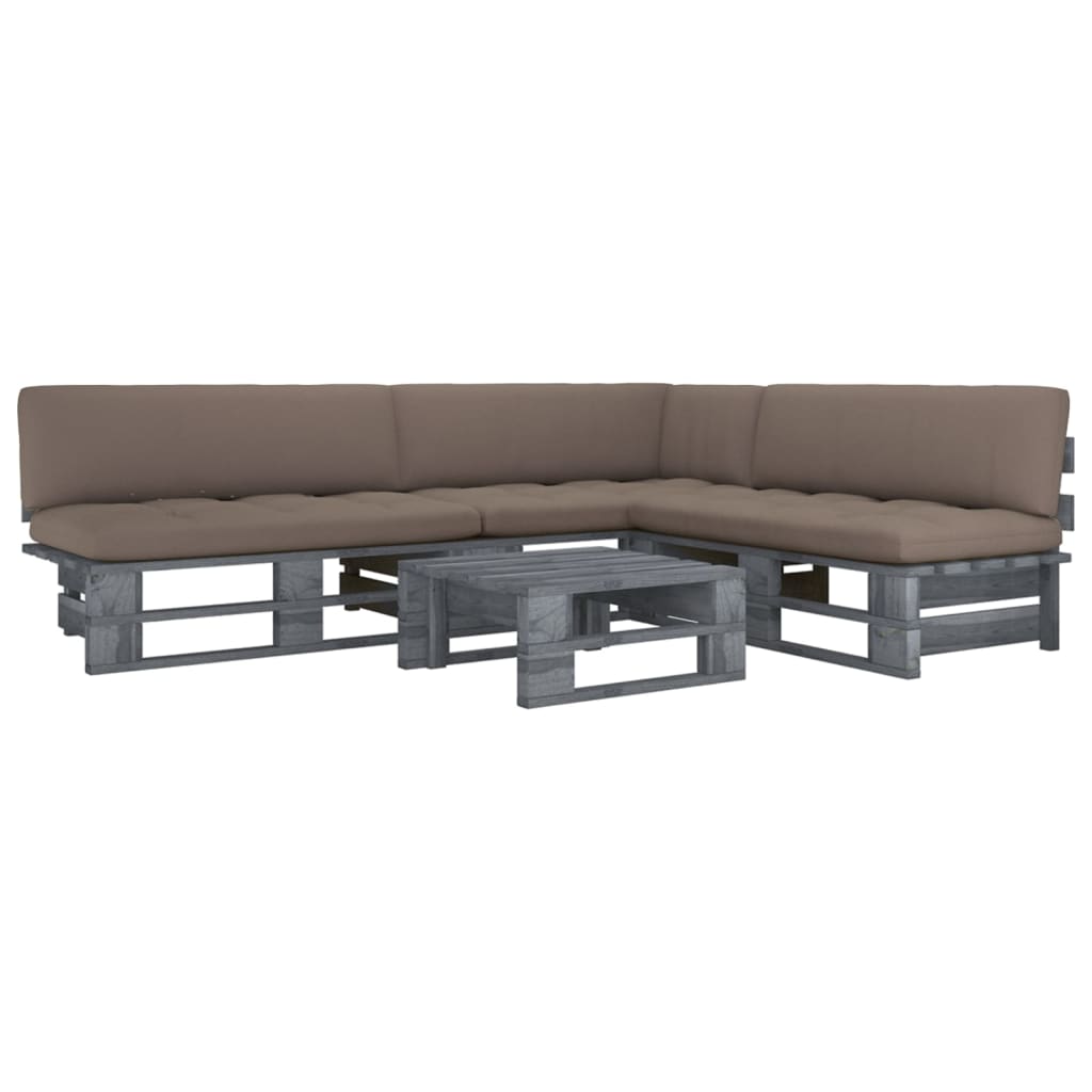 vidaXL Set mobilier din paleți cu perne, 4 piese, gri, lemn pin tratat
