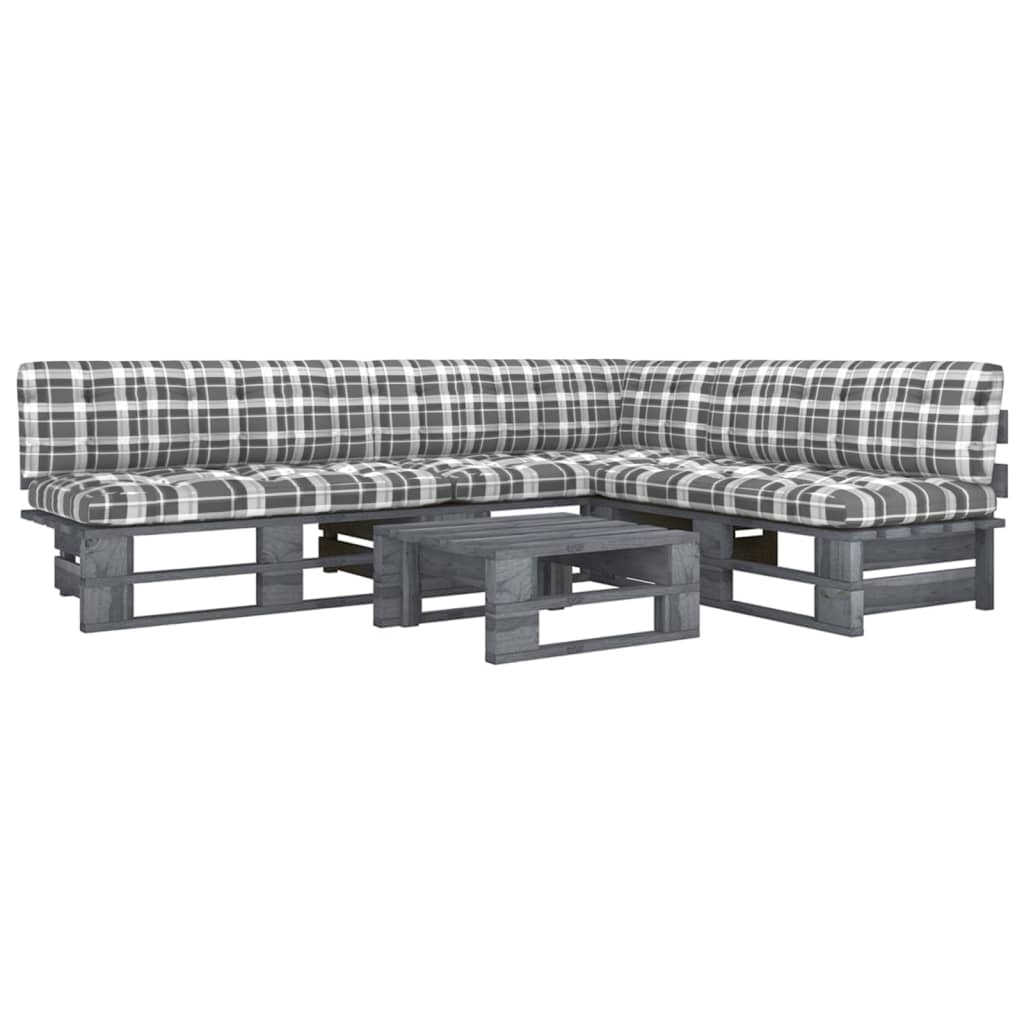 vidaXL Set mobilier din paleți cu perne, 4 piese, gri, lemn pin tratat