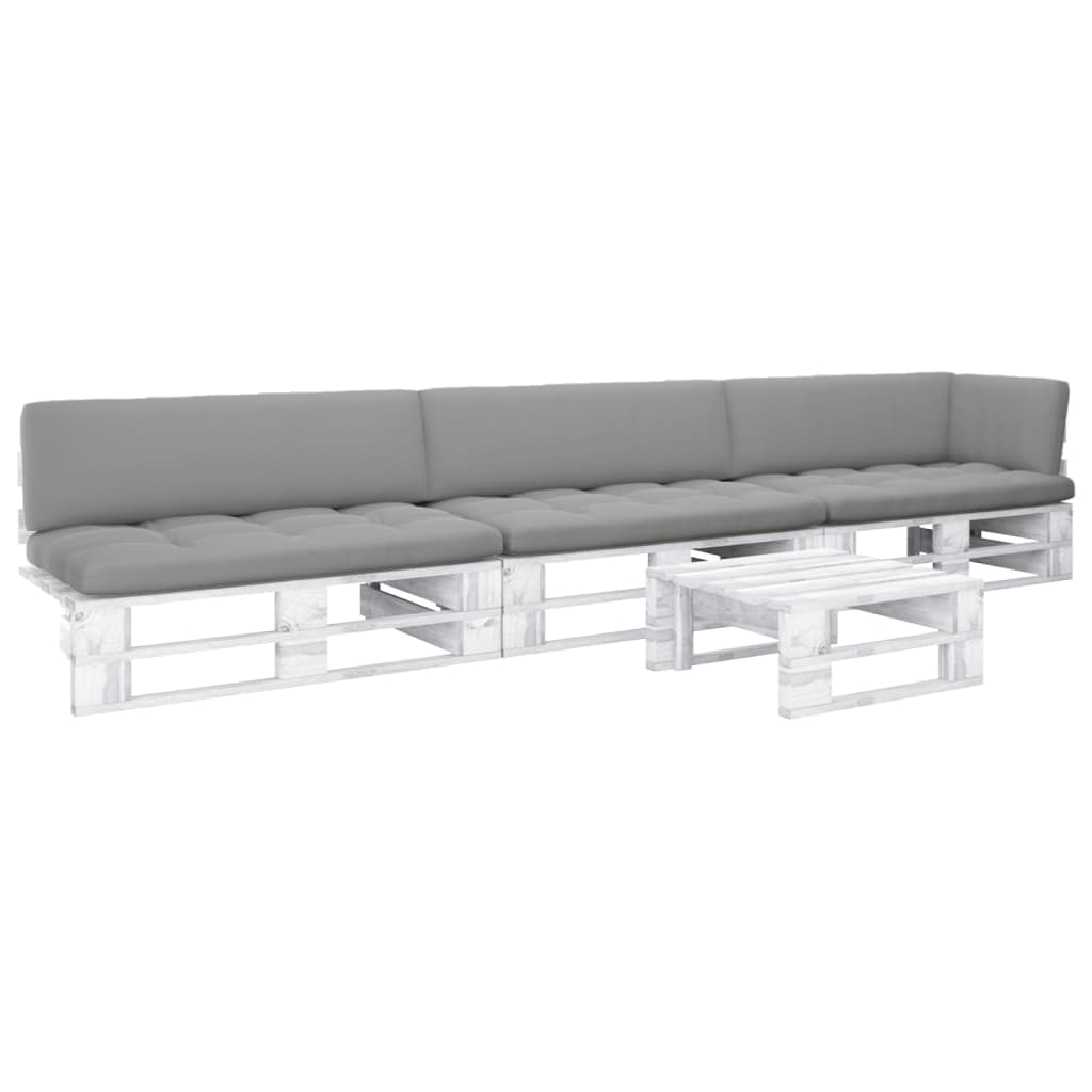 vidaXL Set mobilier din paleți cu perne, 4 piese, alb, lemn pin tratat