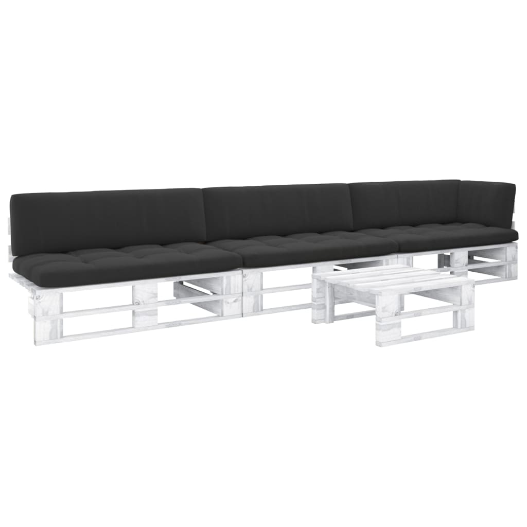 vidaXL Set mobilier din paleți cu perne, 4 piese, alb, lemn pin tratat