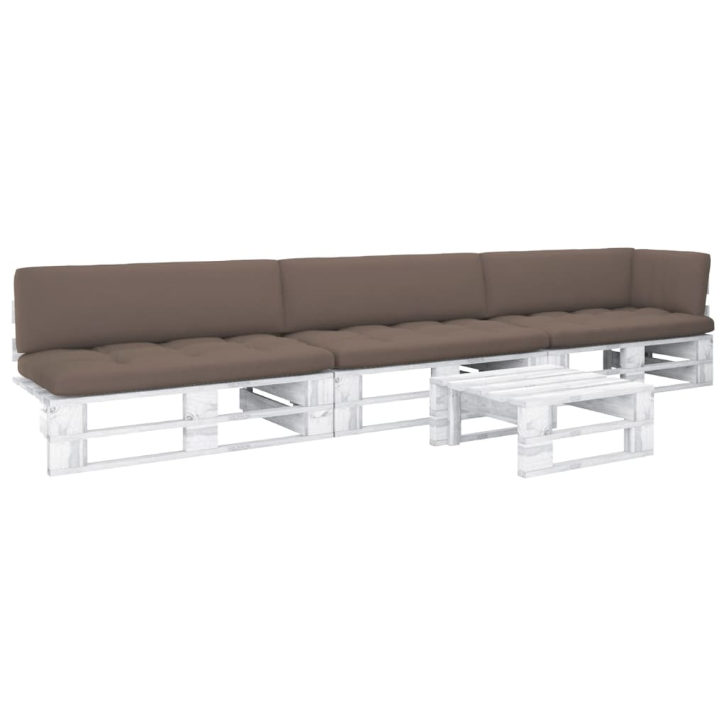 vidaXL Set mobilier din paleți cu perne, 4 piese, alb, lemn pin tratat